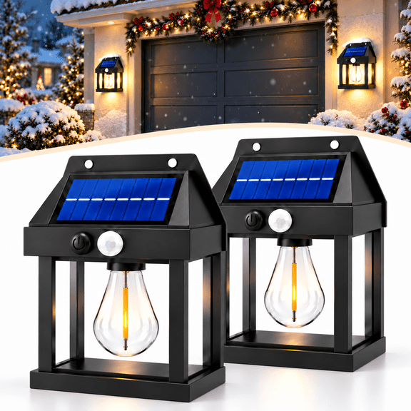 PEUHOP 2 Pack Black Solar Motion Sensor Outdoor Lights, Waterproof Wall Lights, Warm White Porch Lights with 3 Modes for Front Door, Patio and Yard