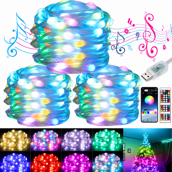 PEUHOP 3 Pack 300 LED Fairy Lights with Remote & APP Control, 98.4 Ft USB Twinkle Lights with Timer, IP65 Waterproof String Lights for Home and Patio