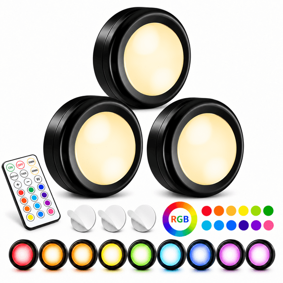 PEUHOP 3 Pack LED Puck Lights with Remote, Battery Operated Under Cabinet Lights, 13 Color Dimmable Stick On Lights for Kitchen and Closet, Stairs