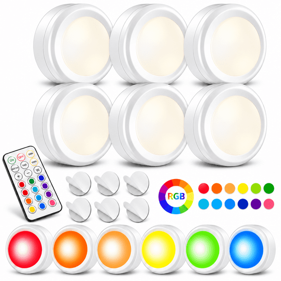 PEUHOP 6 Pack LED Puck Lights with Remote, Battery Operated Under Cabinet Lighting, Dimmable Timer Stick On Lights with Multiple Modes Cabinet Lights for Closet, Kitchen, Stairs