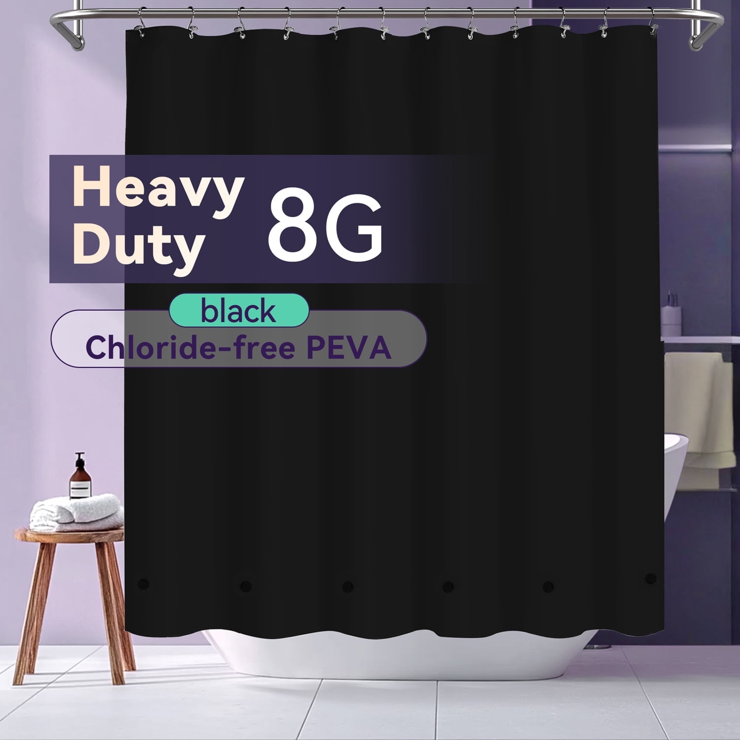 Black Waterproof Shower Curtain Liner With 12 Locking Hooks - 72x72 Inches, Fits Standard Tubs