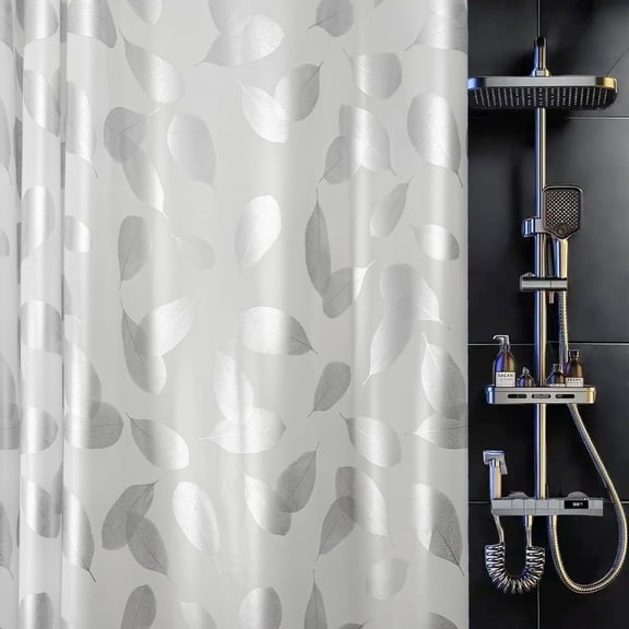 Printed PEVA Shower Curtain Liner, Silver Leaf Design Waterproof Bathroom Curtain, 70x72 inches Fit Standard Tubs, Reinforced Grommets, Silver