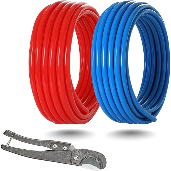 PEX-B Pipe,3/4 Inch 2 Rolls Blue & Red Each 100 Feet (200 ft) Length PEX Tubing Pipes with Pipe Cutter,for Potable Hot/Cold Water Plumbing Application