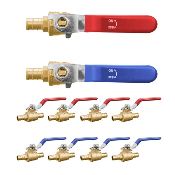 PEX Ball Valve 10 Pack, 1/2 Inch Brass Ball Valve, Full Port Hot/Cold PEX Valves for Plumbing, Hydronic Heating, Kitchen & Bathroom - Red/Blue Handles