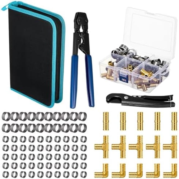 PEX Cinch Camp Tool Kit 3/8" to 1" Crimping Tool with Pipe Hose Cutter 15 Pcs 1/2'' Brass Fittings Combo 50 Pcs 1/2" and 20 3/4" PEX Cinch Clamps with Storage Bag and Storage Box