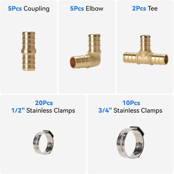 PEX Cinch Clamp Tool Kit - 3/8" to 1" Clamp Tool, Pipe Cutter, 12 Brass PEX Fittings (5 Coupling, 5 Elbow, 2 Tee), 20 * 1/2" + 10 * 3/4" Stainless Clamps$$Tools & Hardware Other