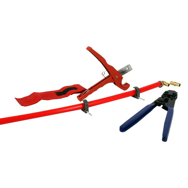 PEX Plumbing Kit - Crimper, Cutter Tool with Lock Hook, 1/2 in. Elbow Cinch and Half Clamp PEX Plumbing Kit - Crimper, Cutter Tool with Lock Hook, 1/2 in. Elbow Cinch and Half Clamp