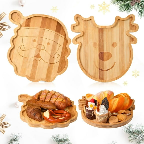 PEXIOAN 2 Pcs 11.8" x 11.8" Christmas Dinner Plates, Santa and Elk Design Natural Bamboo Deli Plates