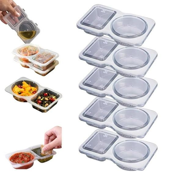 PEXIOAN 2024 New Disposable 2 Compartment Snack Containers, Portion Cups Reusable Plastic Snack Containers for Take-away Sauces, Samplers, Travel Snacks - 10 pcs