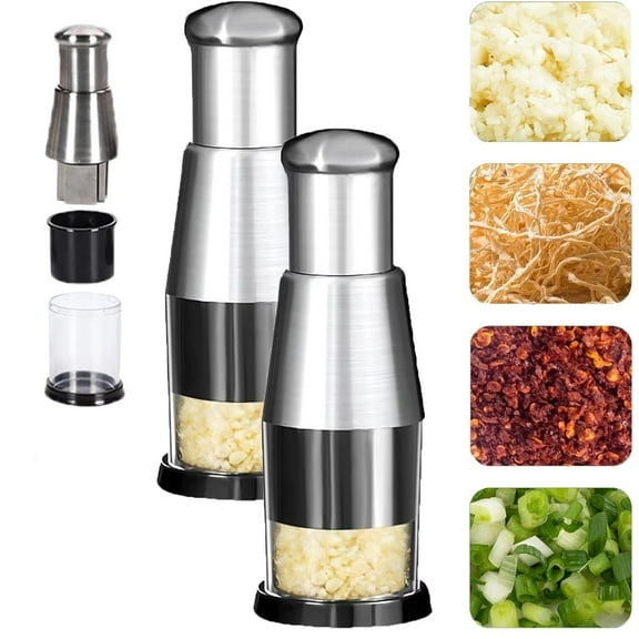 PEXIOAN 2Pcs Stainless Steel Multi-function Manual Garlic Press, 2024 New Compact Mini Dicer for Chopping Garlic Onion Potato Pepper