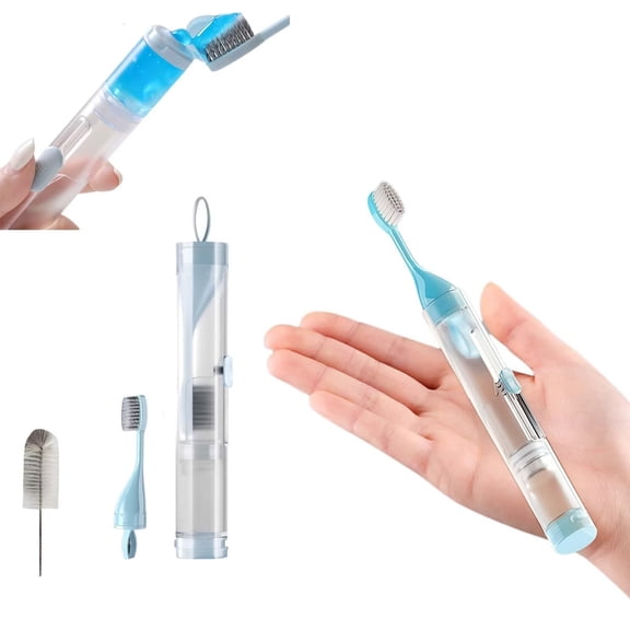 PEXIOAN 3-in-1 Portable Travel Toothbrush with Travel Case and Extra Soft Bristles and Built-in Refillable Toothpaste Tube (Blue, 1 Set+1Toothbrush Head)