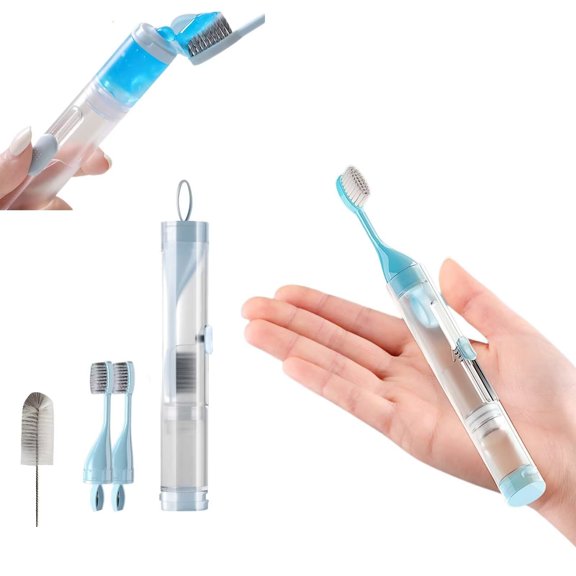 PEXIOAN 3-in-1 Portable Travel Toothbrush with Travel Case and Extra Soft Bristles and Built-in Refillable Toothpaste Tube (Blue, 1 Set+2Toothbrush Head)