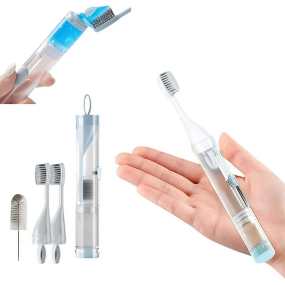 PEXIOAN 3-in-1 Portable Travel Toothbrush with Travel Case and Extra Soft Bristles and Built-in Refillable Toothpaste Tube (White, 1 Set+2Toothbrush Head)