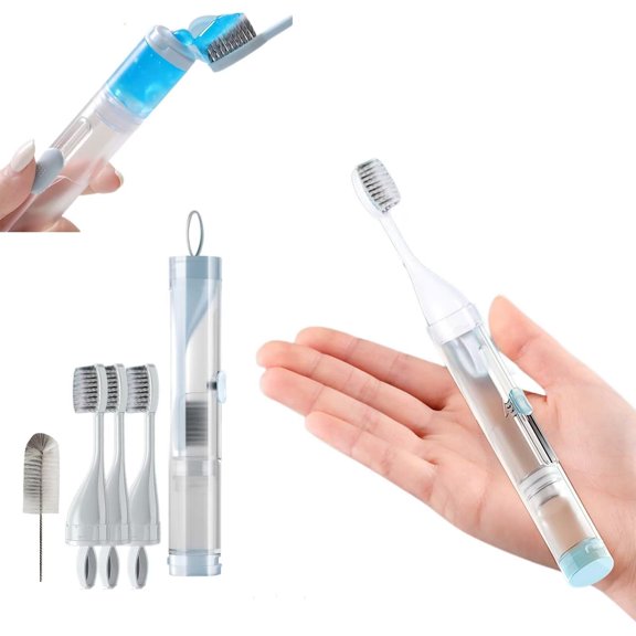 PEXIOAN 3-in-1 Portable Travel Toothbrush with Travel Case and Extra Soft Bristles and Built-in Refillable Toothpaste Tube (White, 1 Set+3Toothbrush Head)
