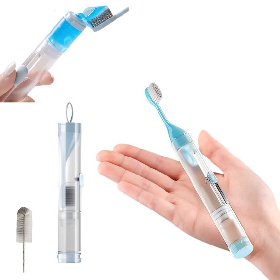 PEXIOAN 3-in-1 Portable Travel Toothbrush with Travel Case and Extra Soft Bristles and Built-in Refillable Toothpaste Tube (Blue, 1 Set)