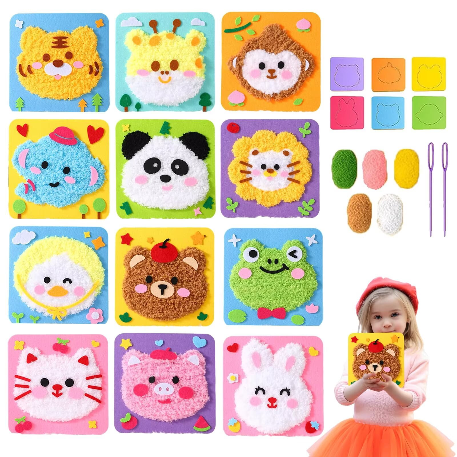 PEXIOAN DIY Embroidery Doll Set,Animal Cartoon Sewing Craft Kits for Beginners, Kids Sewing Toy Set(Set of 12)