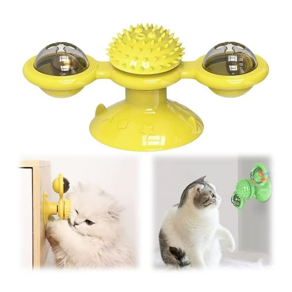 PEXIOAN Interactive Windmill Cat Toy, Cat Kick Ball Toy, with LED Light Ball, Catnip(Yellow)