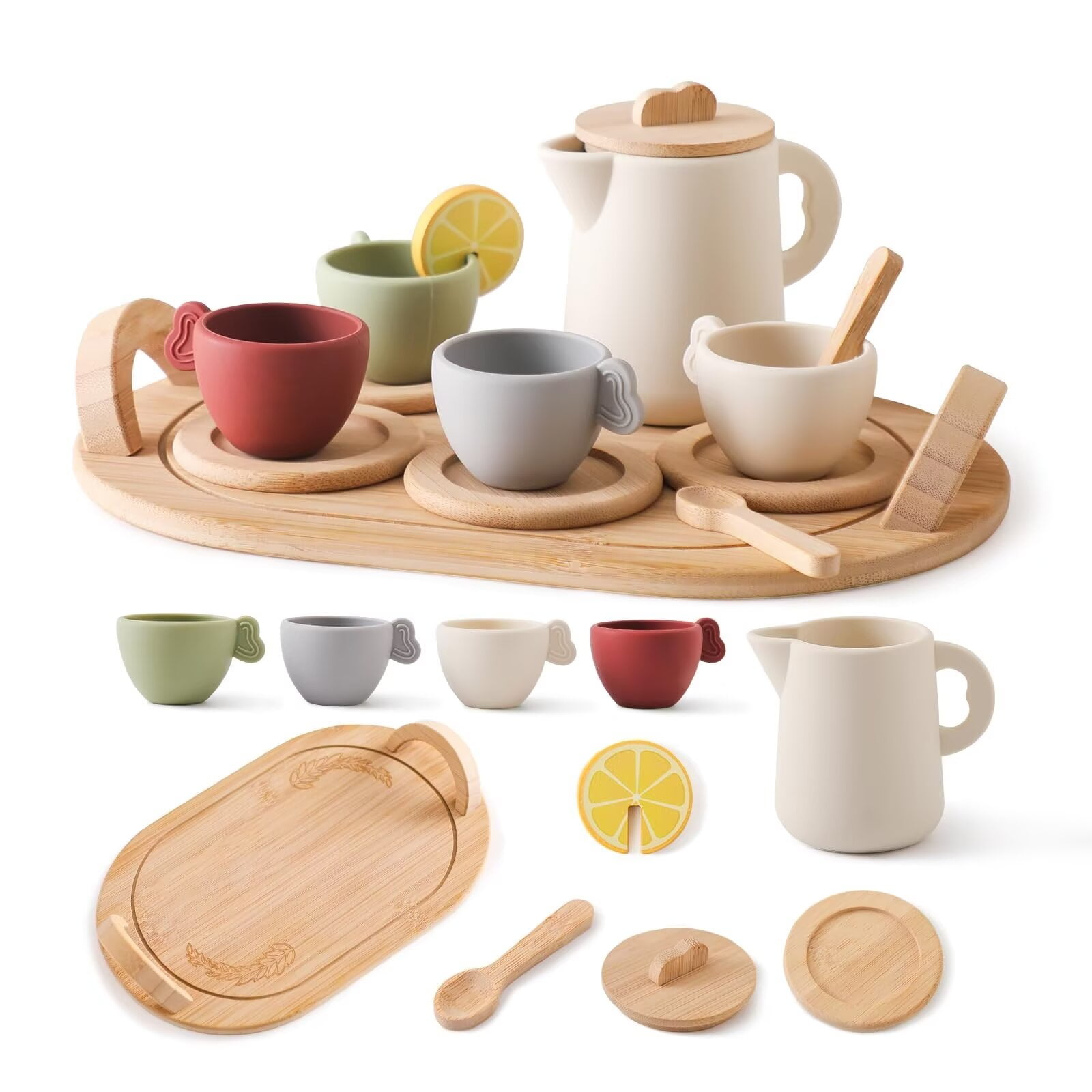 PairPear Wooden Tea Set for Little Girls, Wooden Toys Toddler Tea Set Play Wooden Toys PairPear Wooden Tea Set For Toddlers, Jouet Enfant 4 Ans