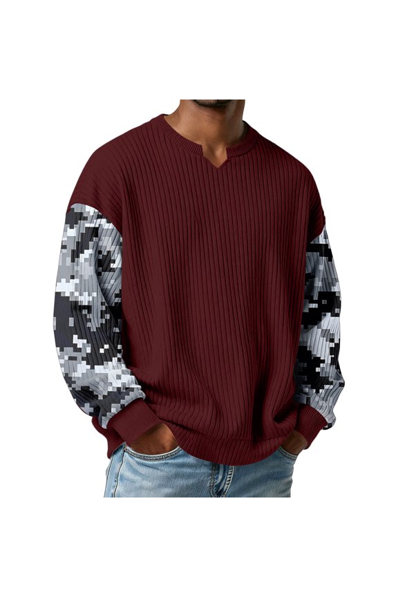 Camo Pullover Camo Man's Clothes Camo Shirt Camo Sweatshirt Men's Camo Sweaters V Neck Sweatshirt Men Athletic Camuflajeadas Long Sleeve Comfort Army Pullover Sweatshirts, Style F Wine-XL