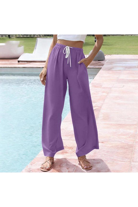 Drawstring Pants Women, Womens Drawstring Pants, Womens Pants Trendy, Women's Foldover Drawstring High Waisted Sweatpants Wide Leg Split Baggy Workout Trousers Pants, Purple XXL