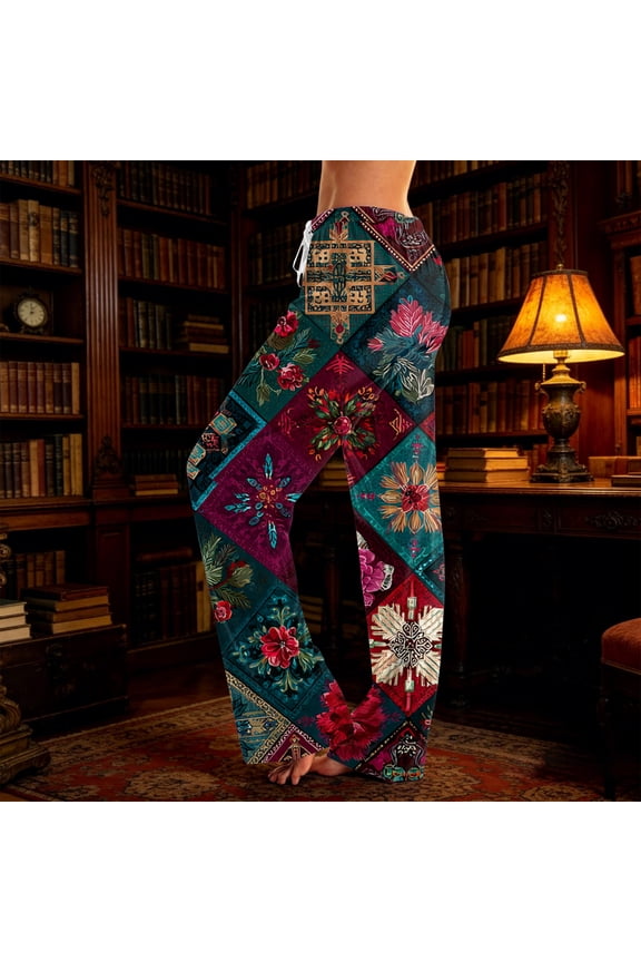 Hippie Clothes for Women, Boho Pants for Women, Boho Pants, Womens Bohemian Wide Leg Pants Smocked High Waist Flowy Beach Trousers 2026 Summer Casual Boho Loose Palazzo Pants, Wine XXXL