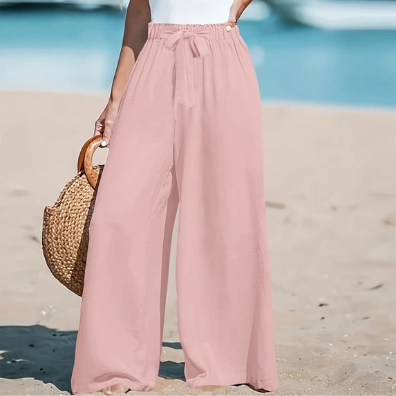 PEXLYCLU Leisure Trousers, Wide Leg Pants Woman, Palazzo Pants for Women Dressy, Wide Leg Pants for Women High Waisted Palazzo Pants Work Casual Flowy Tie Knot Trousers With Pockets, Pink S
