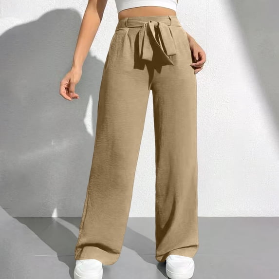 PEXLYCLU Palazzo Pants for Women Dressy, Palazzo Pants for Women, Wide Leg Pants Woman, Wide Leg Pants for Women High Waisted Palazzo Pants Work Casual Flowy Tie Knot Trousers With Pockets, Khaki S