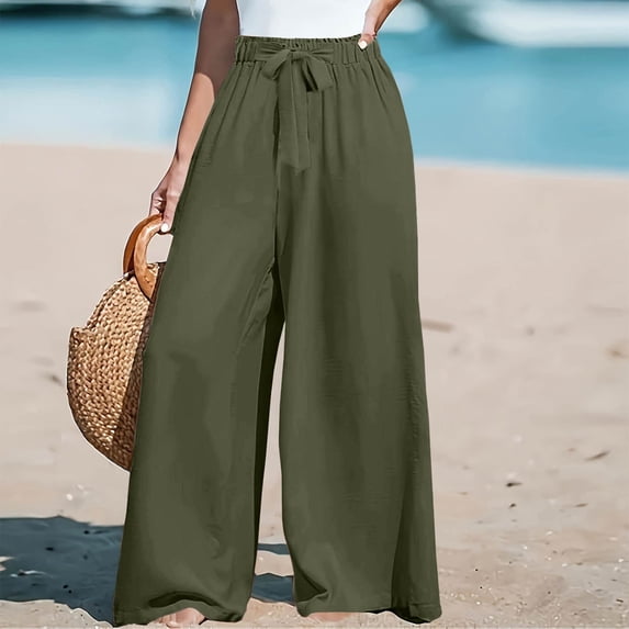 PEXLYCLU Palazzo Pants for Women, Palazzo Pants for Women Dressy, Wide Leg Pants for Women High Waisted Palazzo Pants Work Casual Flowy Tie Knot Trousers With Pockets, Army Green L