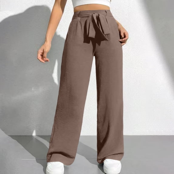 PEXLYCLU Womens Pants Trendy, Palazzo Pants for Women Dressy, Palazzo Pants for Women, Wide Leg Pants for Women High Waisted Palazzo Pants Work Casual Flowy Tie Knot Trousers With Pockets, Coffee L
