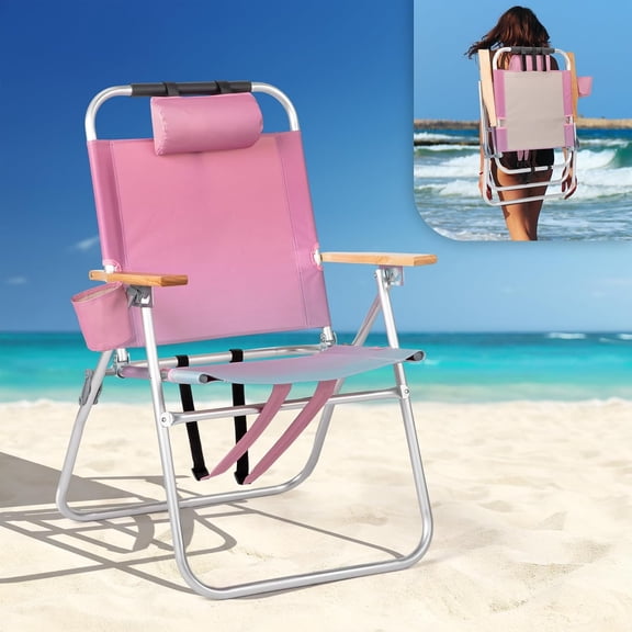PEXMOR 17" Tall Beach Chair, Portable Aluminum Backpack Chairs with Adjustable Straps, 3 Position Reclining, Cup Holder, for Beach Poolside