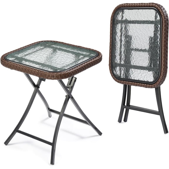 PEXMOR 18" Outdoor Folding Side Table, Small Rectangular Rattan Patio Table with Tempered Glass Top, 1 Pack