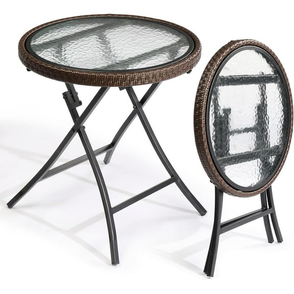 PEXMOR 19" Outdoor Folding Side Table, Small Round Rattan Patio Table with Tempered Glass Top, 1 Pack