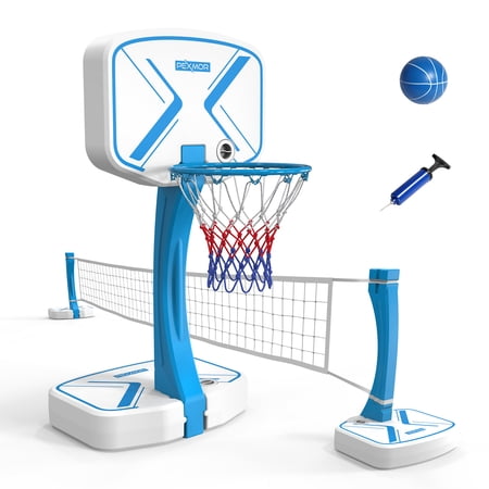 PEXMOR 2-in-1 Pool Basketball Hoop & Volleyball Net for Inground Pools,Swimming Poolside Game Set for Kids Adults, 2 Balls & 1 Air Pump
