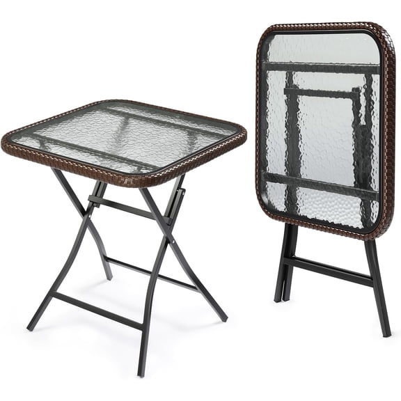 PEXMOR 23.6" Outdoor Folding Side Table, Small Rectangular Rattan Patio Table with Tempered Glass Top, 1 Pack
