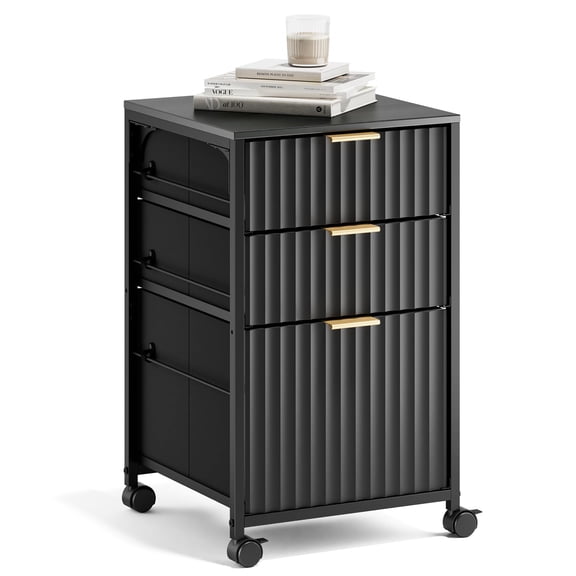 PEXMOR 3-Drawer Rolling Fluted File Cabinet, Fabric Letter File Storage, Black