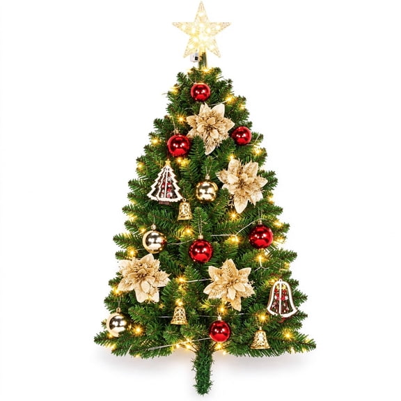PEXMOR 3-ft Artificial Wall Hanging Christmas Tree, 50 Warm White LED String Lights, 140 Tips, Ornaments and Hooks, Green