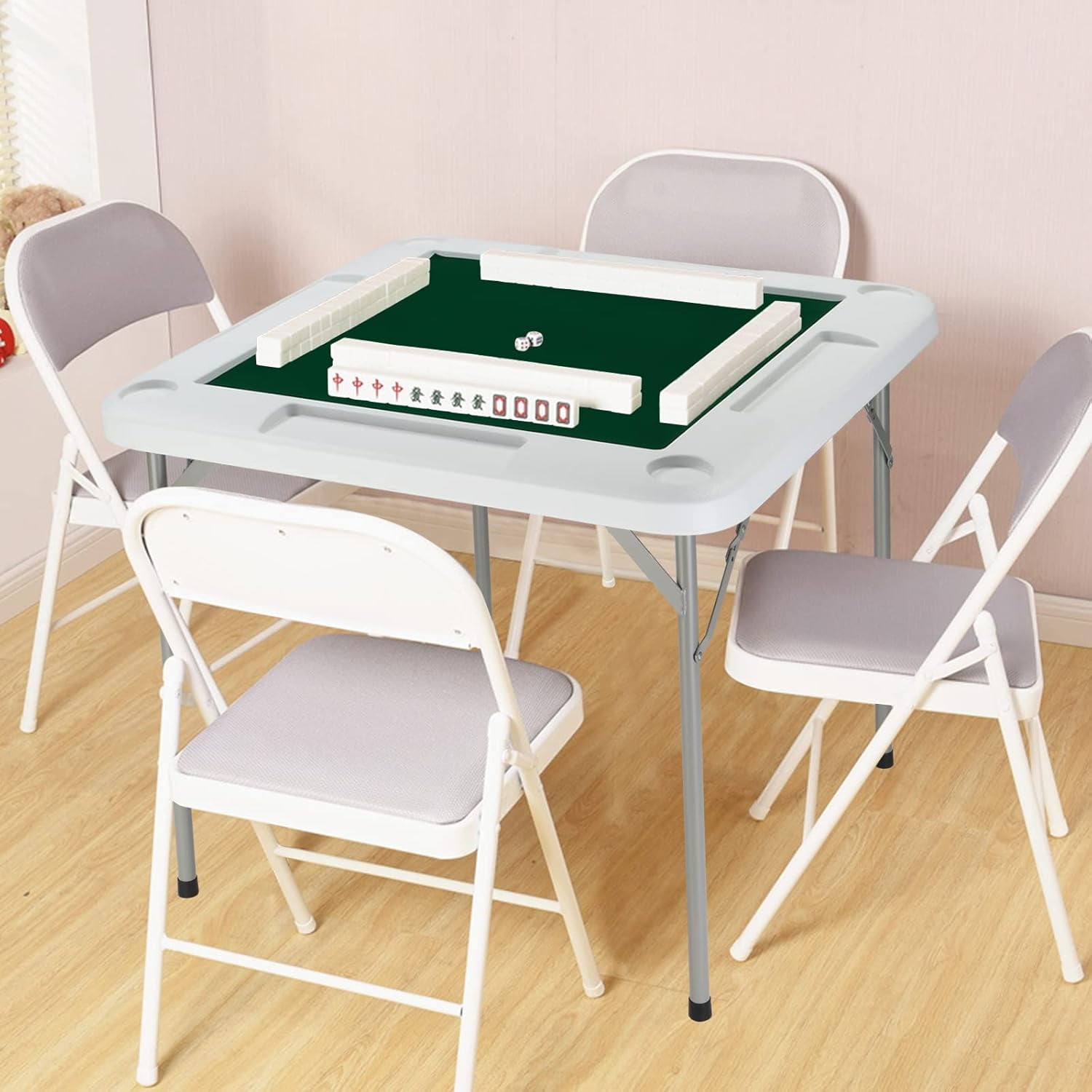 PEXMOR 39.5" Foldable Mahjong Table, 4 Player Card Game Table w/Cup Holders & Chip Grooves, Portable Folding Poker Domino Board Game Table for Blackjack, Texas Hold'em, Jigsaw Puzzles Game