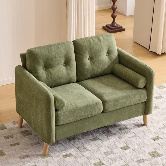 PEXMOR 47.2 in Chenille Loveseat Sofa with Round Bolster Pillows and Wood Legs, Green