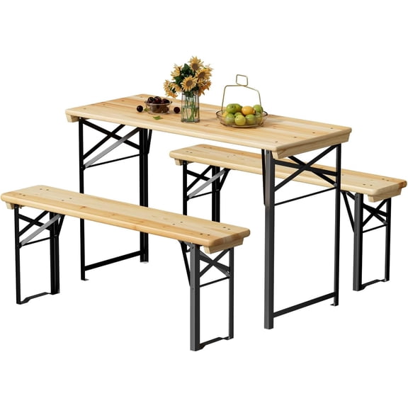 PEXMOR 4ft Folding Picnic Tables with Benches Set, 3-Piece Wooden Table Bench, Portable Camping BBQ Table