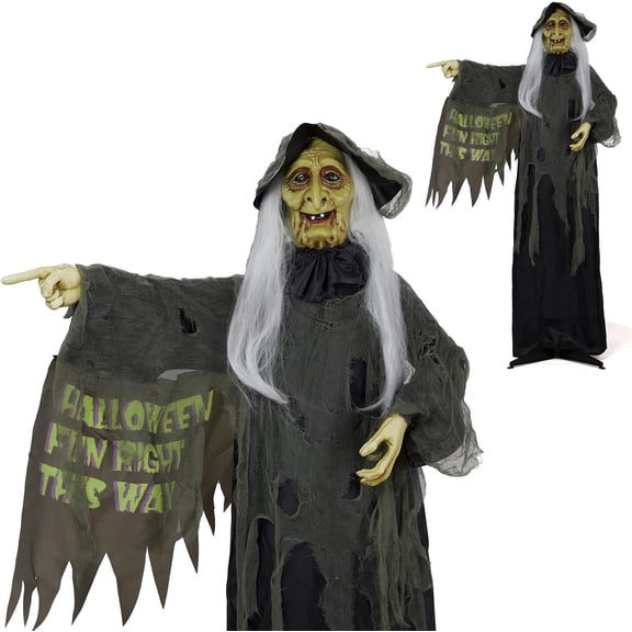 PEXMOR 6FT Halloween Animatronics Talking Witch, Voice Control with Light Up Eyes and Movable Arms, Indoor & Outdoor Party Decor