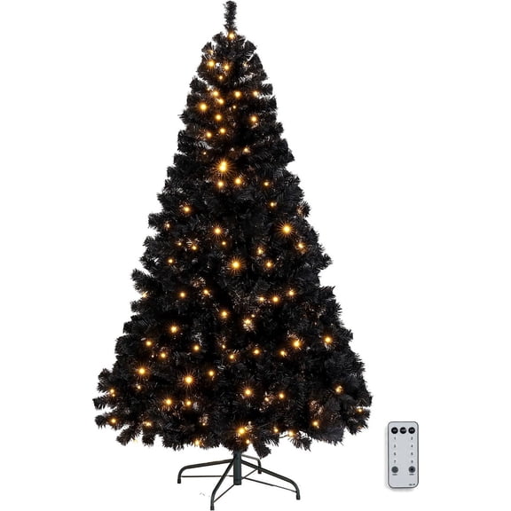 PEXMOR 6ft Black Pre-Lit Artificial Christmas Pine Tree, 250 Warm White Lights, 900 Tips, 8 Color Modes