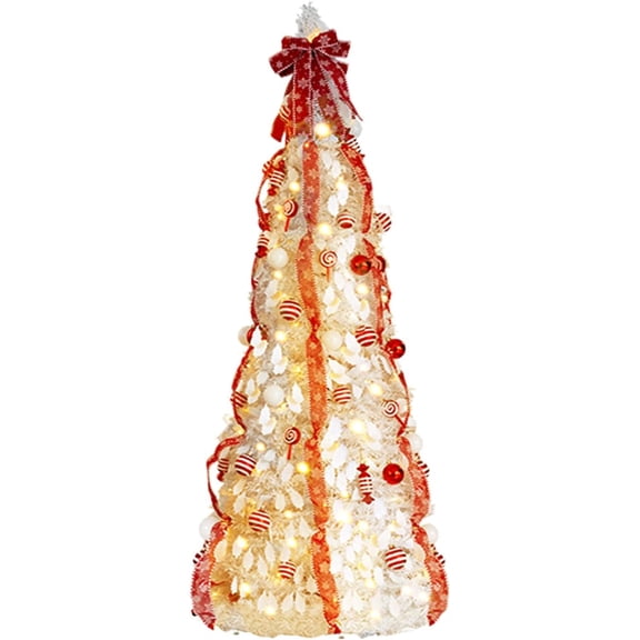 PEXMOR 6ft Pop Up Artificial Christmas Pine Tree, Pre-Lit 170 Warm White LED Xmas Tree with Sturdy Metal Stand for Home Decor, Red & White