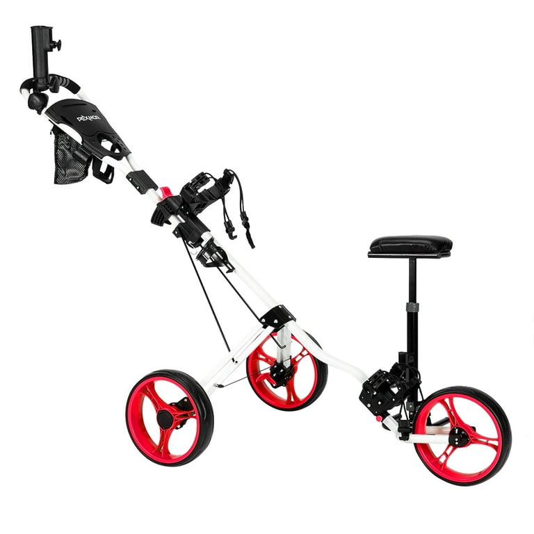 PEXMOR Foldable Golf Push Cart 3 Wheels w/ Seat Umbrella Holder Scoreboard  Bag (Red) 