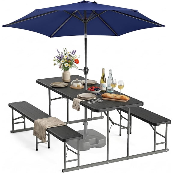 PEXMOR Folding Table and Bench Set with Umbrella, Portable Outdoor Picnic Dining Tableset, Wood Grain Plastic Top & Sturdy Metal Frame for Camping