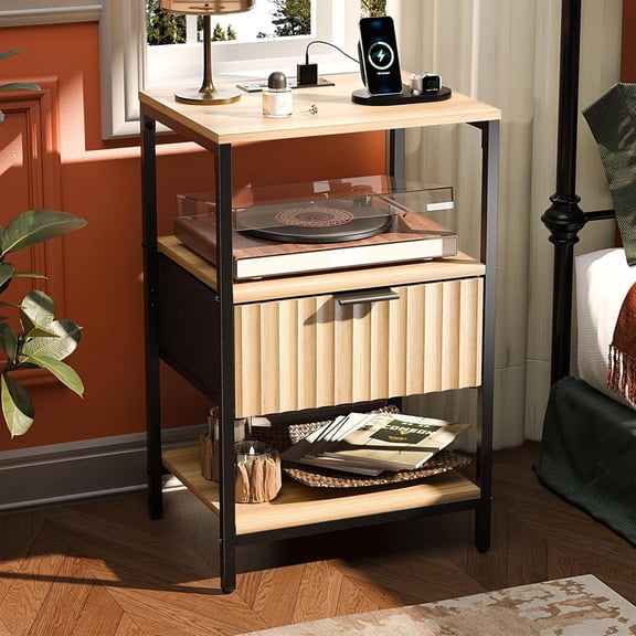 PEXMOR Nightstands with Fabric Drawers, Fluted Side Table with Charging Station, Charging Station for Bedroom, Dorm
