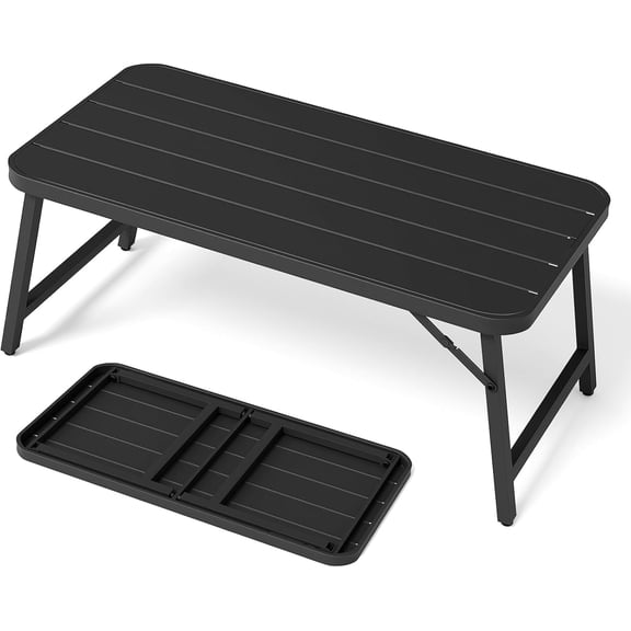 PEXMOR Outdoor Folding Coffee Table, Drainable Rectangular Iron Patio Table for Balcony, Porch & Indoor Use, Black