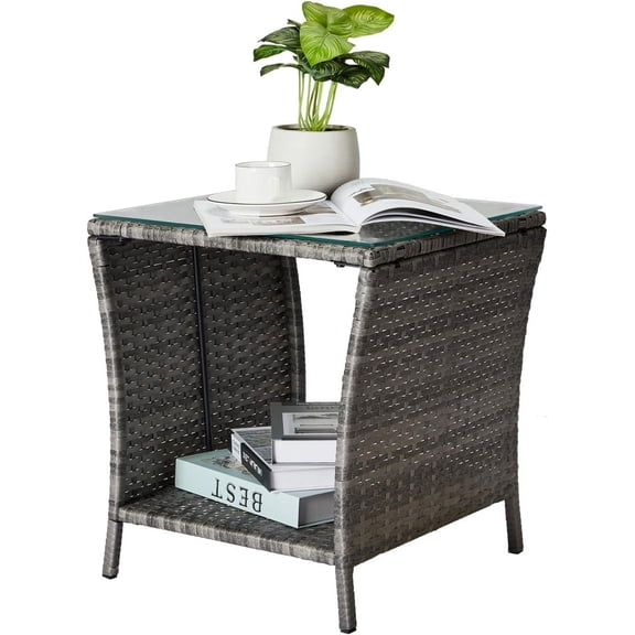 PEXMOR Outdoor Side Table with Glass Top & Storage Shelf, Small Rattan end coffee table, for patio, porch, backyard