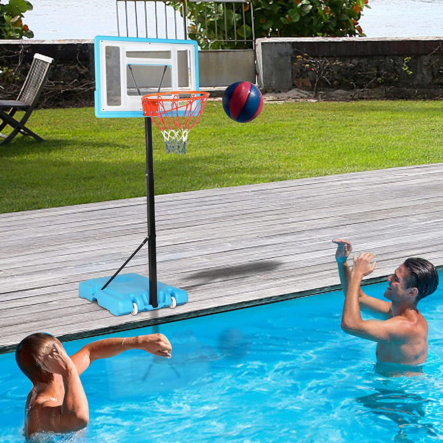 PEXMOR Poolside Basketball Hoop, Adjustable Height Swimming Pool Basketball Hoop System with Upgraded PC Backbord, 2 Basketball Nets, Blue