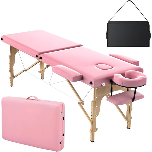 PEXMOR Portable Massage Table, 84" x 24 Inch Height Adjustable 2-Fold Wooden Bed with Face Cradle & Carry Bag for Spa Lash Tattoo, Pink