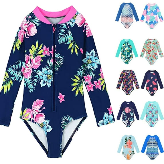 PEYAN 2-8T Toddler Little Girls Zipper Long Sleeve Rash Guard One Piece Swimsuit Kids UPF 50+ Sun Protection Swimwear Bathing Suit
